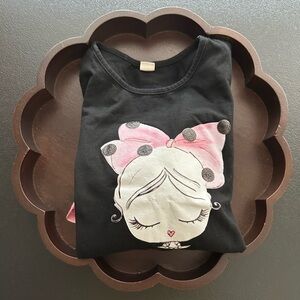 Girls Size 130 6-7 YEARS ~ SHEIN Black Top with Face with Pink Polka Dot Shorts
